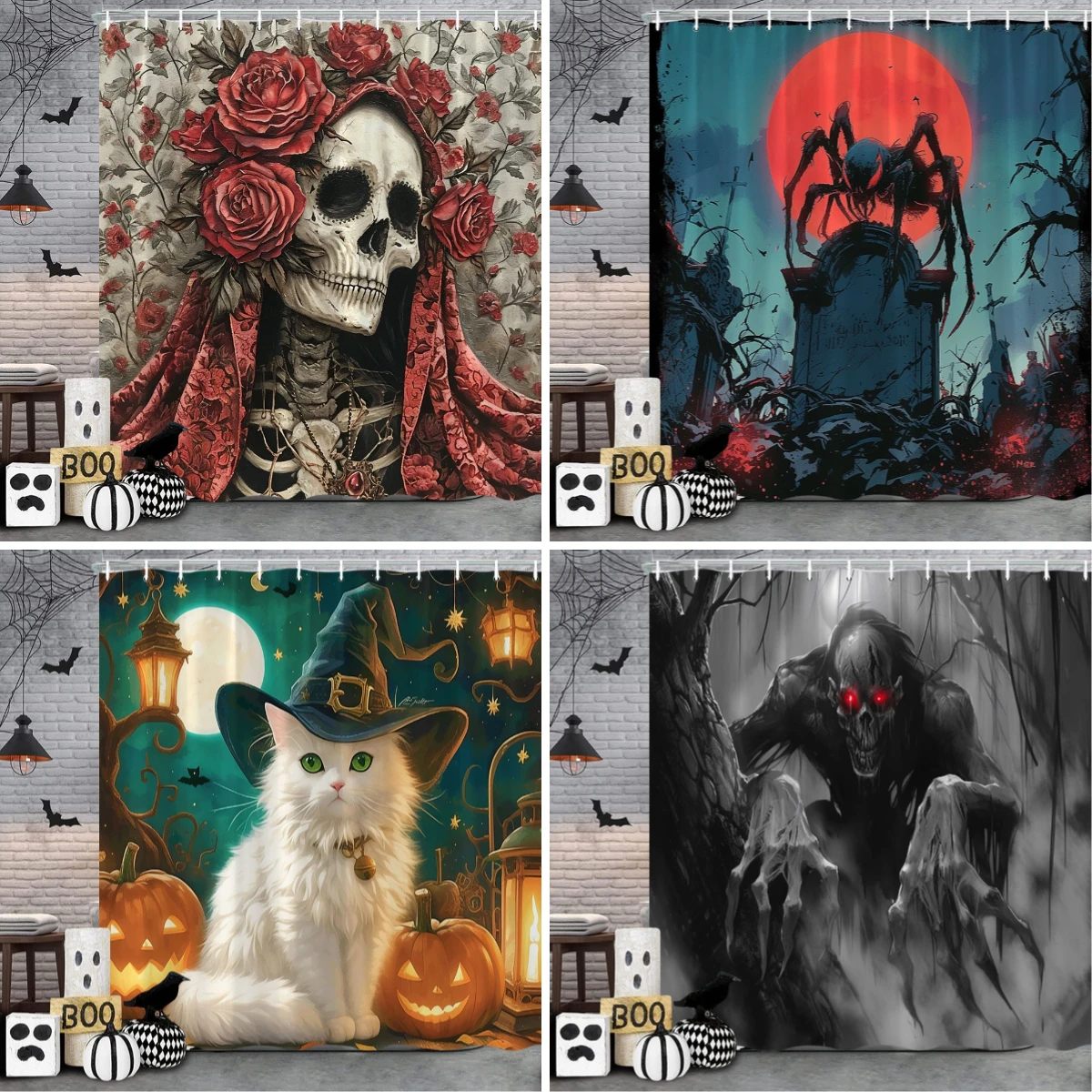 

Halloween Skulls Roses Shower Curtain Scary Ghosts Pumpkins Spiders Cats Polyester Fabric Bath Curtain Bathroom Decor with Hooks