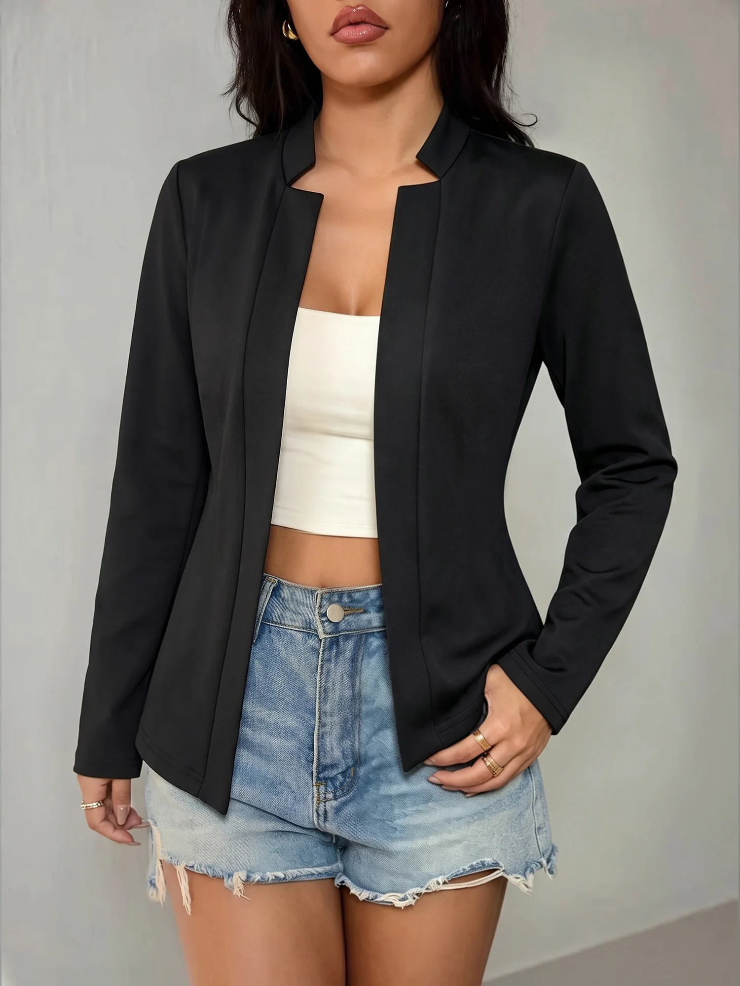Female Mandarin Collar Open Front Suit Jacket Slim Long Sleeve Solid Blazer Office Daily Commuter Coat