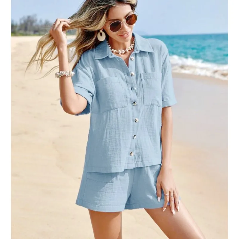 

Summer Casual Shorts Set 2025 Women Solid Color Two Pocket Short Sleeve Shirt And Elastic Waist 2 Piece Set Women's Outfits