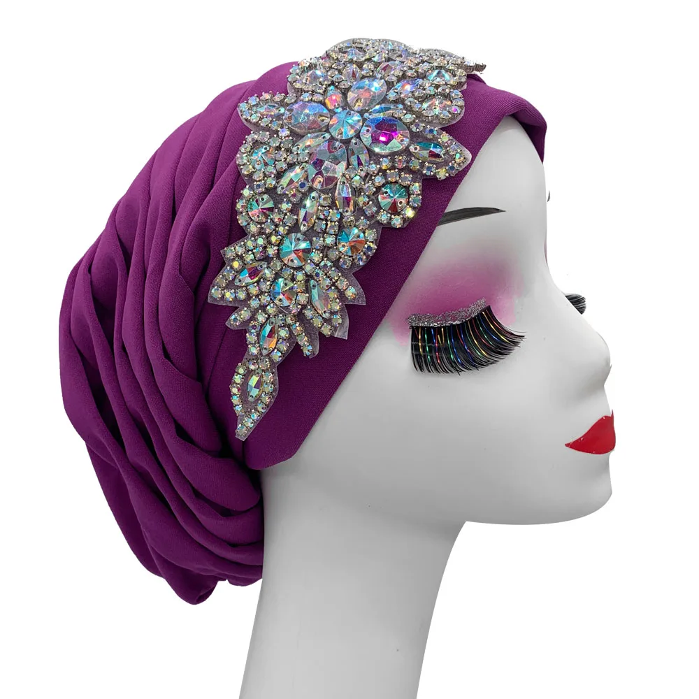 Luxury Rhinestones Women\'s Turban Cap Pleated African Head Wraps Muslim Hijab Lady Headscarf Bonnet Turbante Mujer