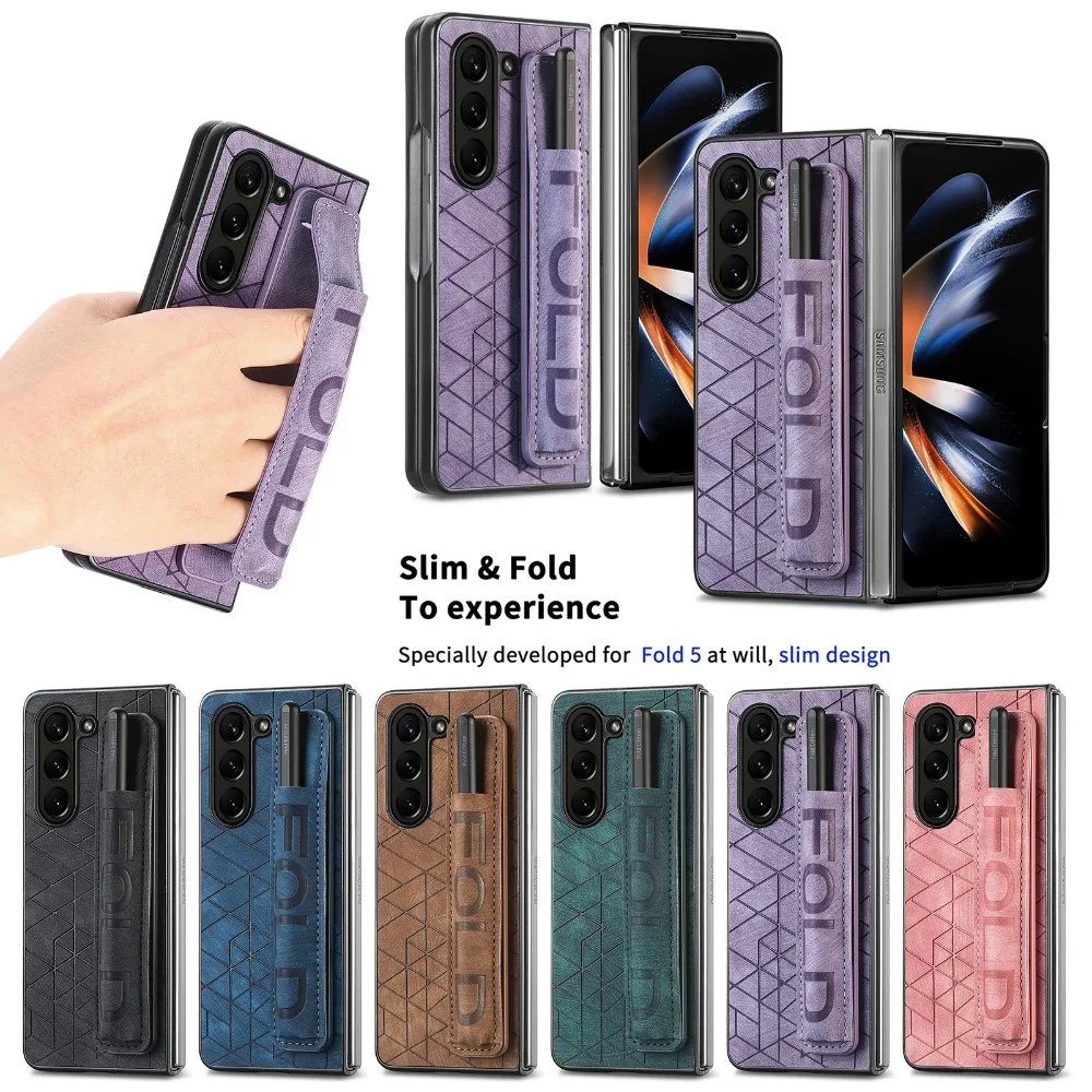 Capa de couro PU com pulseira para Samsung Galaxy Z Fold 6 5 4 3 5G Capa de telefone rígida para PC com suporte para caneta S e punho de dedo (sem caneta)