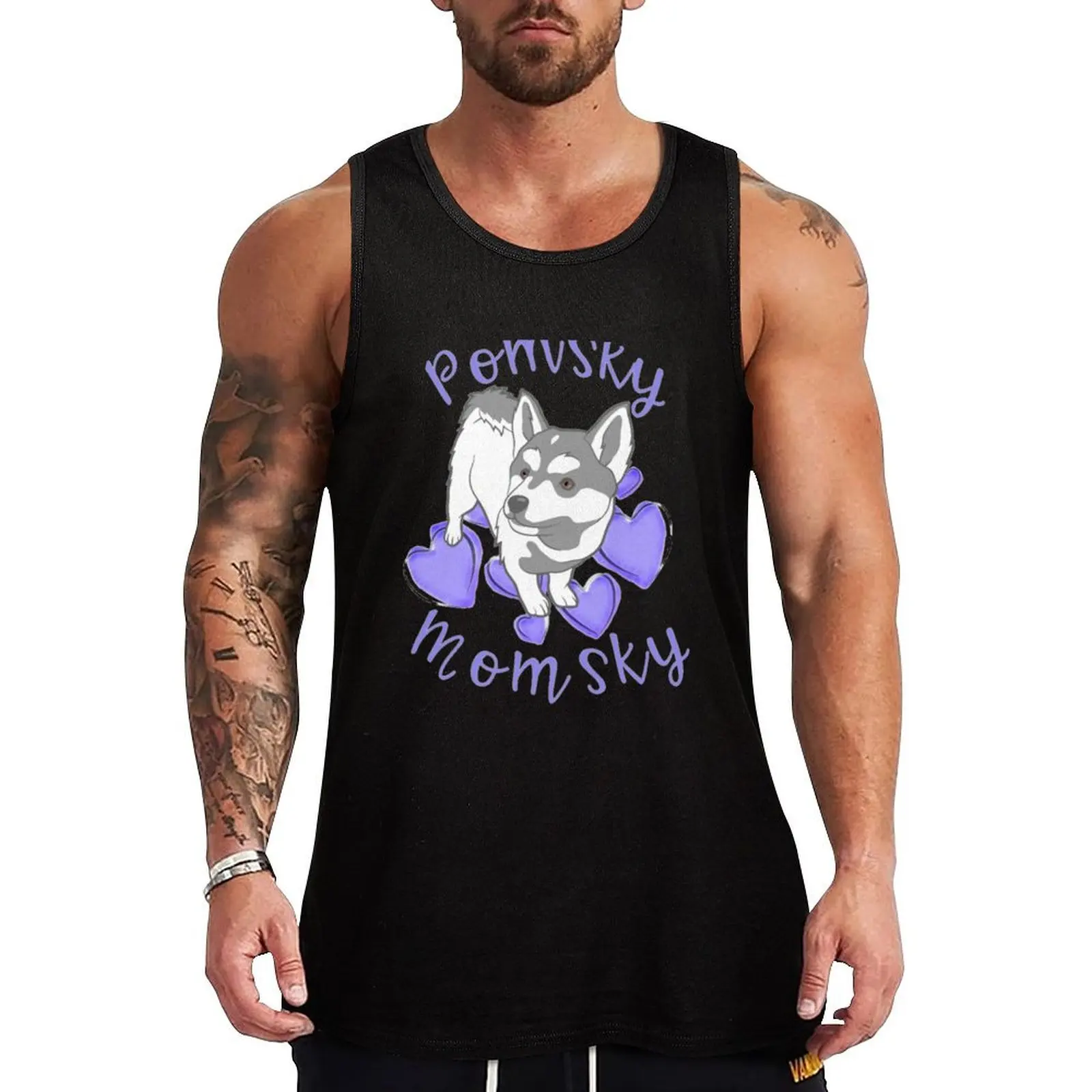 Lindo Pomsky Momsky Pomsky mamá gris blanco perro corazones morados camiseta sin mangas camisetas de baloncesto ropa de gimnasio para hombre ropa masculina