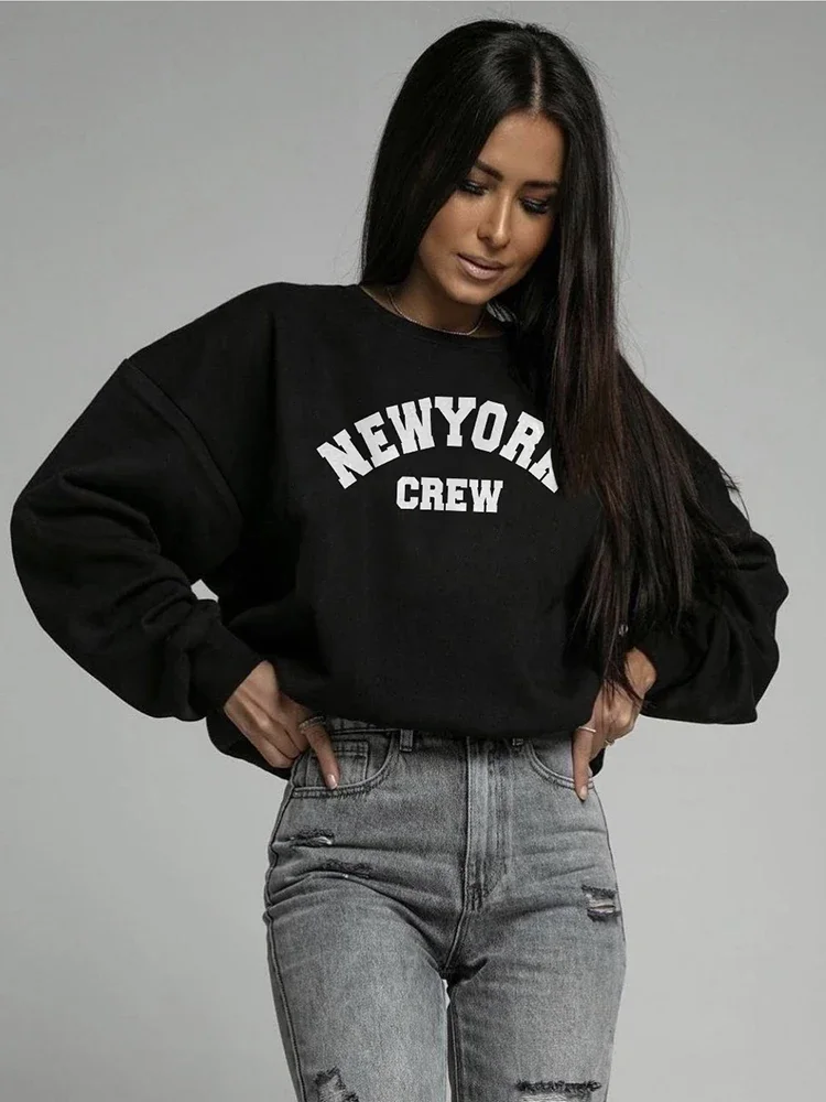 Blessyuki New York Letter Print Hoodie for Wome Autumn New Casual Retro Plus Size Basic Sweatshirt Ladies Cotton Harajuku Tops