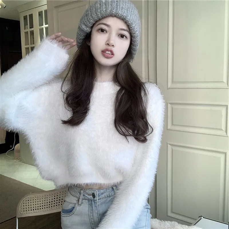 

Ladies' Soft ort Svel Knitted Sweater Mink Velvet Loose Fit Autumn Winter round Ne Single Button Commute Sle Top