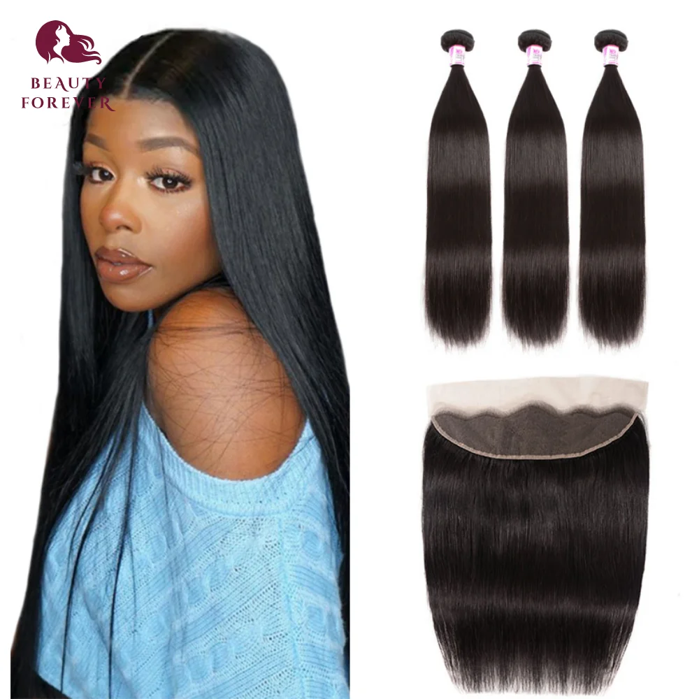 Beauty Forever 13x4 Lace Frontal Closure With 3 Bundles Brazilian Straight Human Hair Bundles With Closure