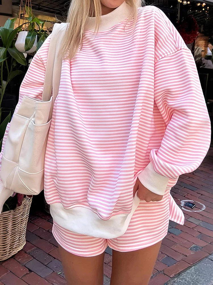 Weird Puss Stripe Patchwork 2-teiliges Set für Damen, T-Shirt mit Rundhalsausschnitt und langen Ärmeln + Mini-Shorts, lässiger, schlichter und bequemer Alltagslook – Detail 13