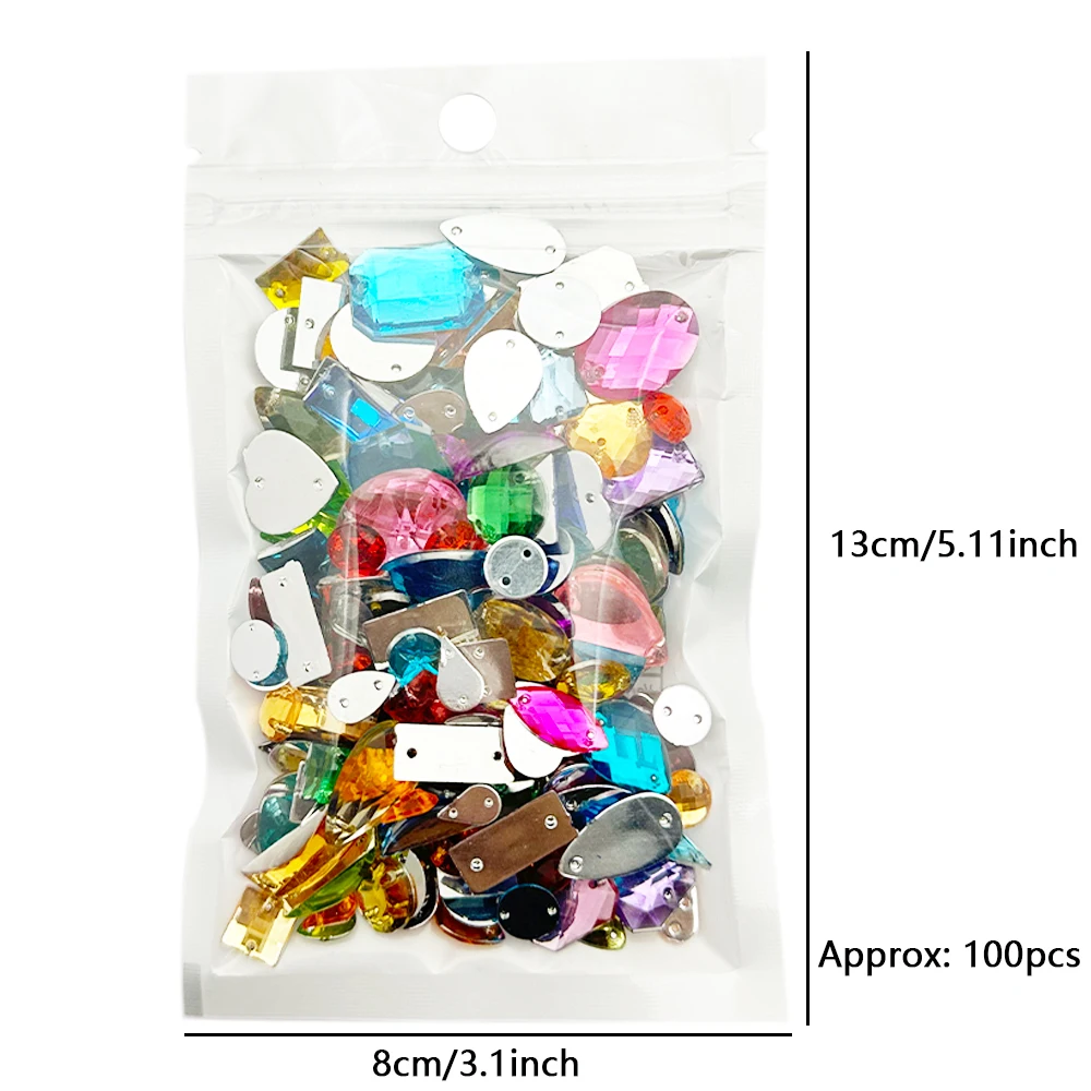 100 Pieces Flat Colorful Acrylic Sewing Gemstones Crystals Mixed Shapes Sew On Dress Rhinestone Sewing Beads Decoration