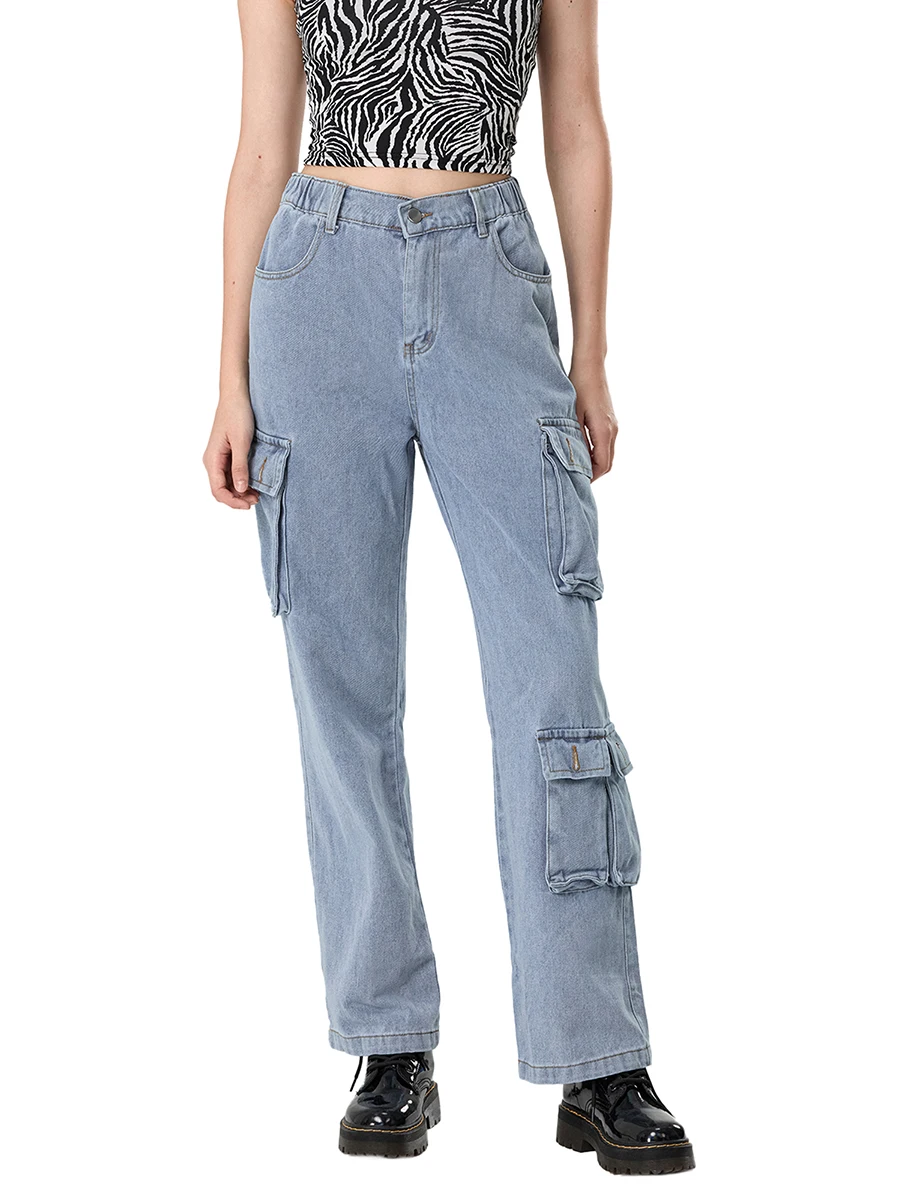 Women Denim Cargo Jeans Multi-Pockets Mid Rise Straight Leg Elastic Waistband Full Length Pull-On Trousers