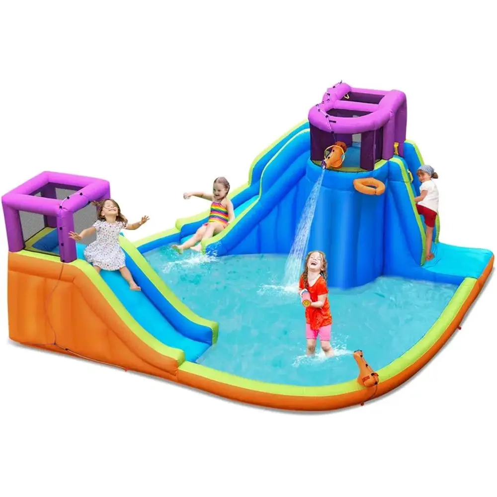 Iatable waterglijbanen voor kinderen, gigantische Splash n Slide waterkasteel met klimmuur en lange glijbaan, splashpool met waterpistool