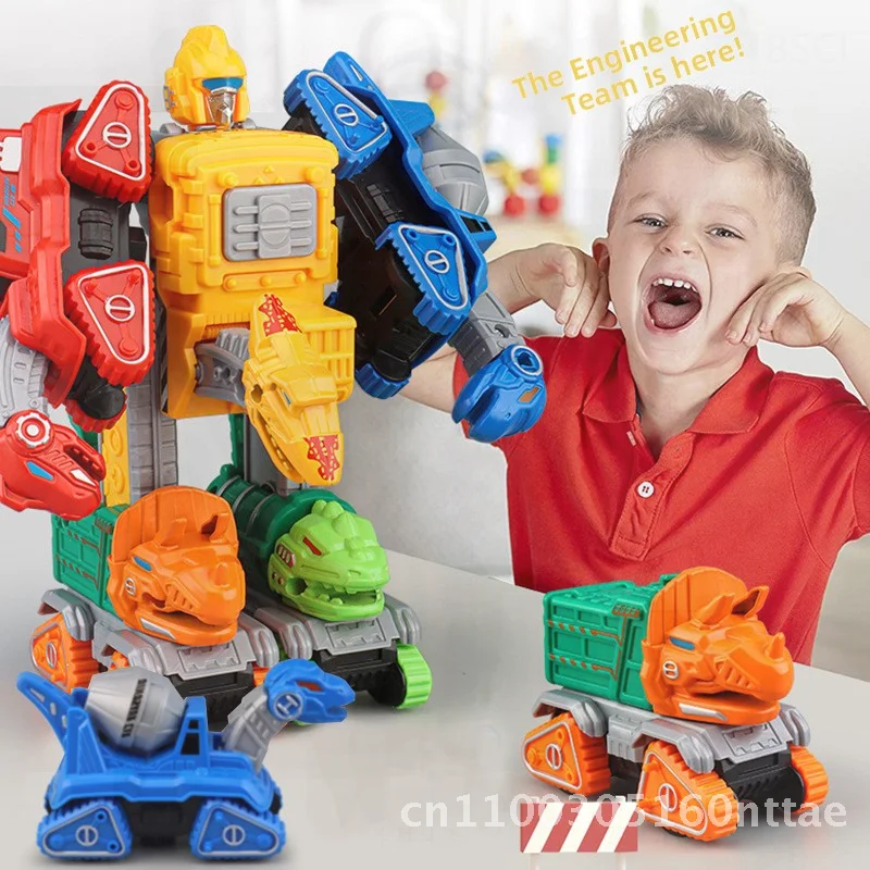 恐竜をテーマにした5-in-1子供用消防エンジニアリング車両掘削機合金プルバックおもちゃ、男の子向け教育的＆遊び時間の楽しみ