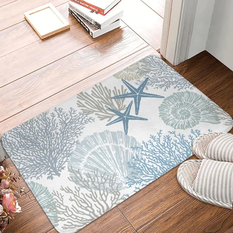 VIKAMA Minimalist Coastal Coral Shell Print Bath Mat Anti Slip Quick Dry Rug For Front Door Bedroom Beach House Soft Home Decor