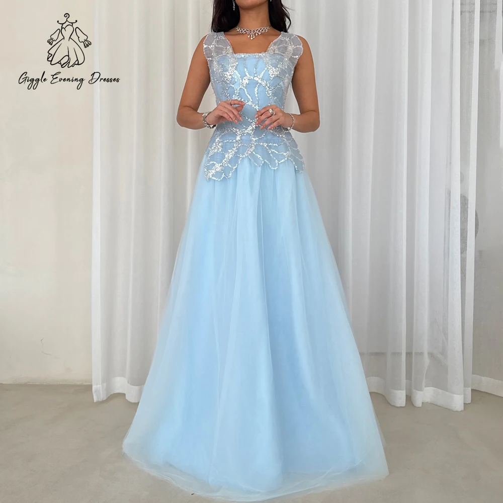 

Fashion Light Blue Tulle Evening Dress Elegant Sequins A-Line Prom Dress Dubai Fashion Women Party Formal Gowns Customized