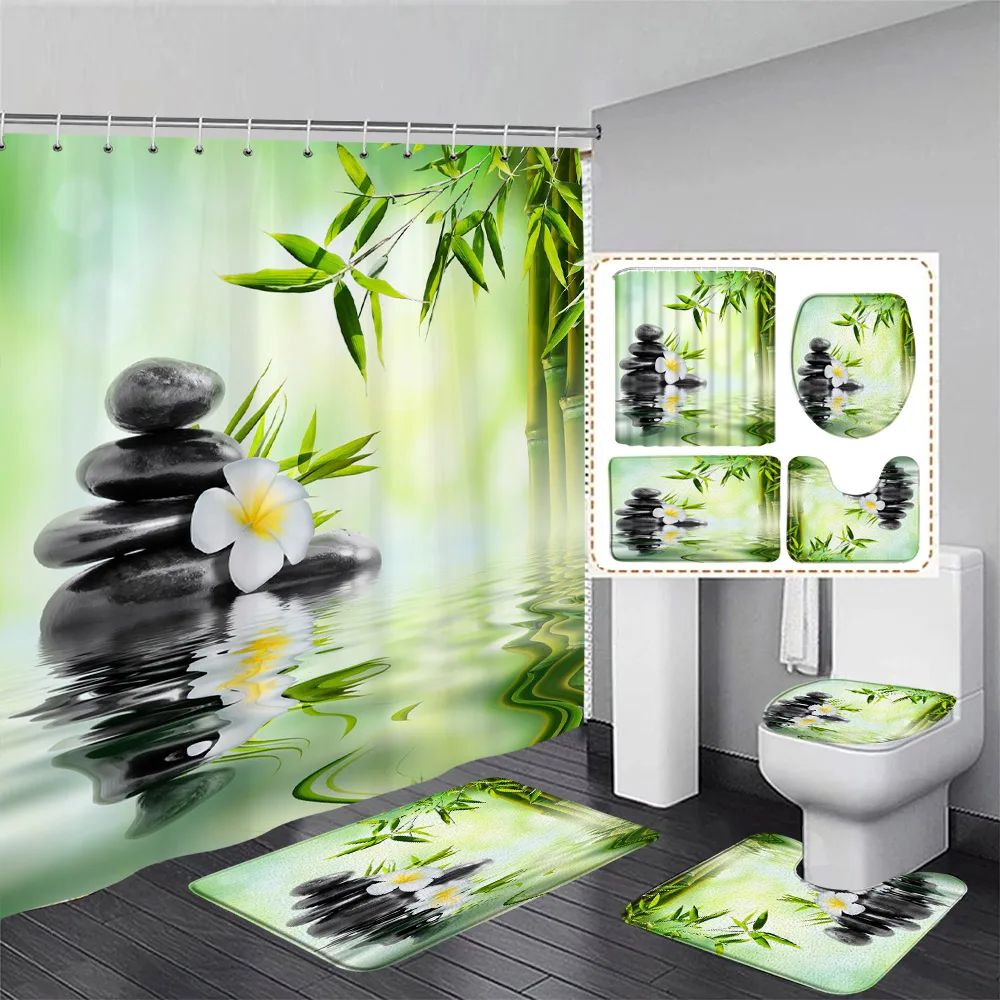 Zen Shower Curtain Set Green Bamboo Lotus Orchid Flower Spa Scenery Modern Bathroom Decor Curtains Bath Mats U-mat Toilet Cover