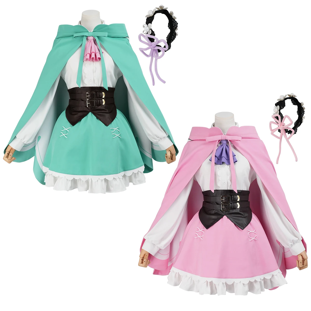 HOLOUN Zero Anime Ram Rem Costume de Cosplay, Perruque, Cape, Jupe, Coiffe Vert Rose, Tenue pour Convention, Halloween, Fête de Bandes Dessinées