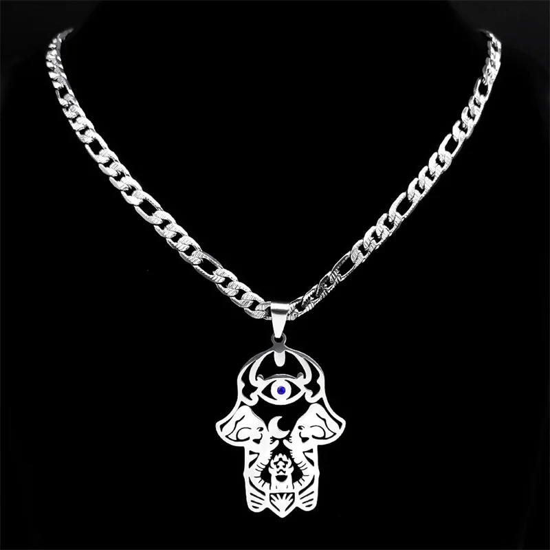 

Hamsa Hand of Fatima Elephant Amulet India Necklace Men Stainless Steel Cuban Link Chain Religious Necklaces Jewelry N9724S05