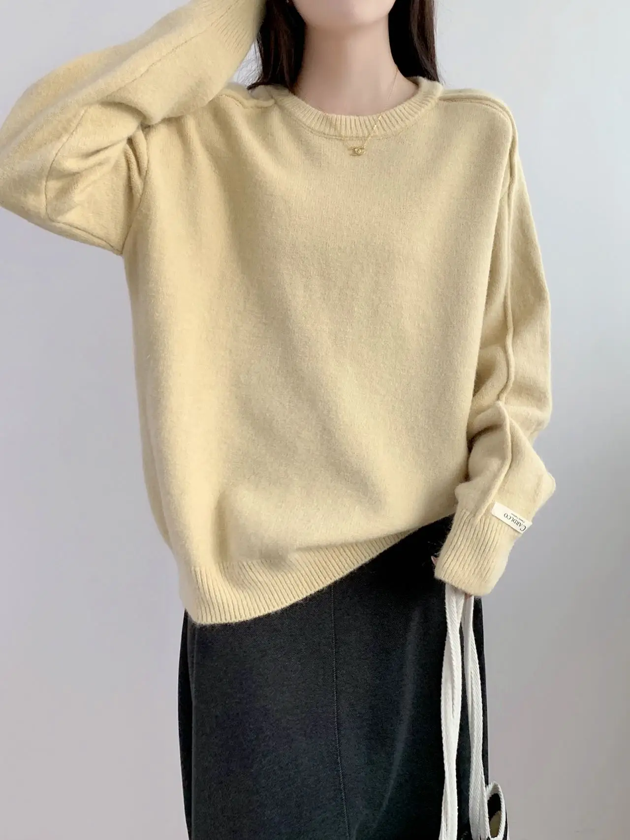 가을 겨울 한국 스타일 레이지 패션 라운드 넥 니트 두꺼운 스웨터 루즈 베이스 레이어 부드럽고 아늑한 롱 스웨터 색상