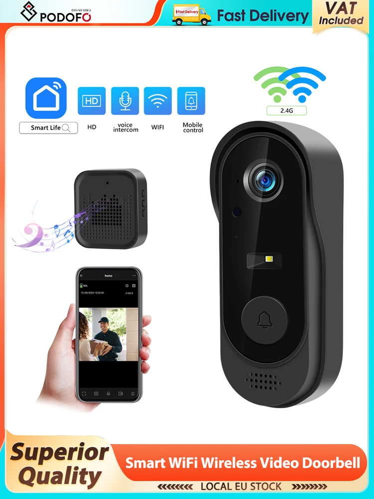 Podofo Dzwonek do drzwi z noktowizorem, sterowaniem przez aplikację, wodoodporny IP64, kamera bezpieczeństwa WIFI, dzwonek do drzwi, interkom, obsługa kart USB i TF (Doorbell) — Zdjęcie 2 z 2