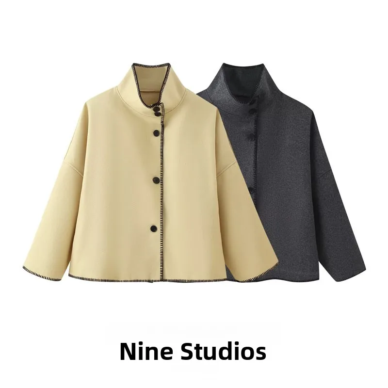 

NINE ZAR Women's High Collar Embroidered Long Sve Woolen Jaet Coat Top 7522264 Polyester Fiber Summer Collection