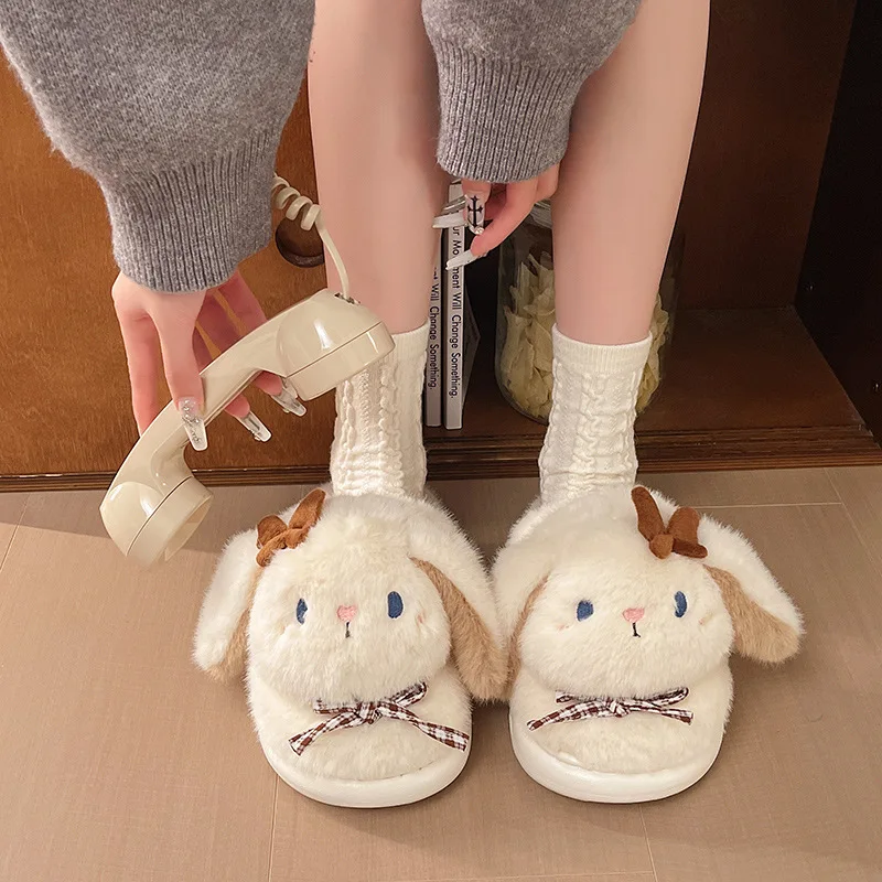 Plush and Sweet Women's Shoes Cartoon Rabbit Cotton Slippers Warm and Cute Fury Indoor Shoes Winter Soft Bow Home Girls' Shoes