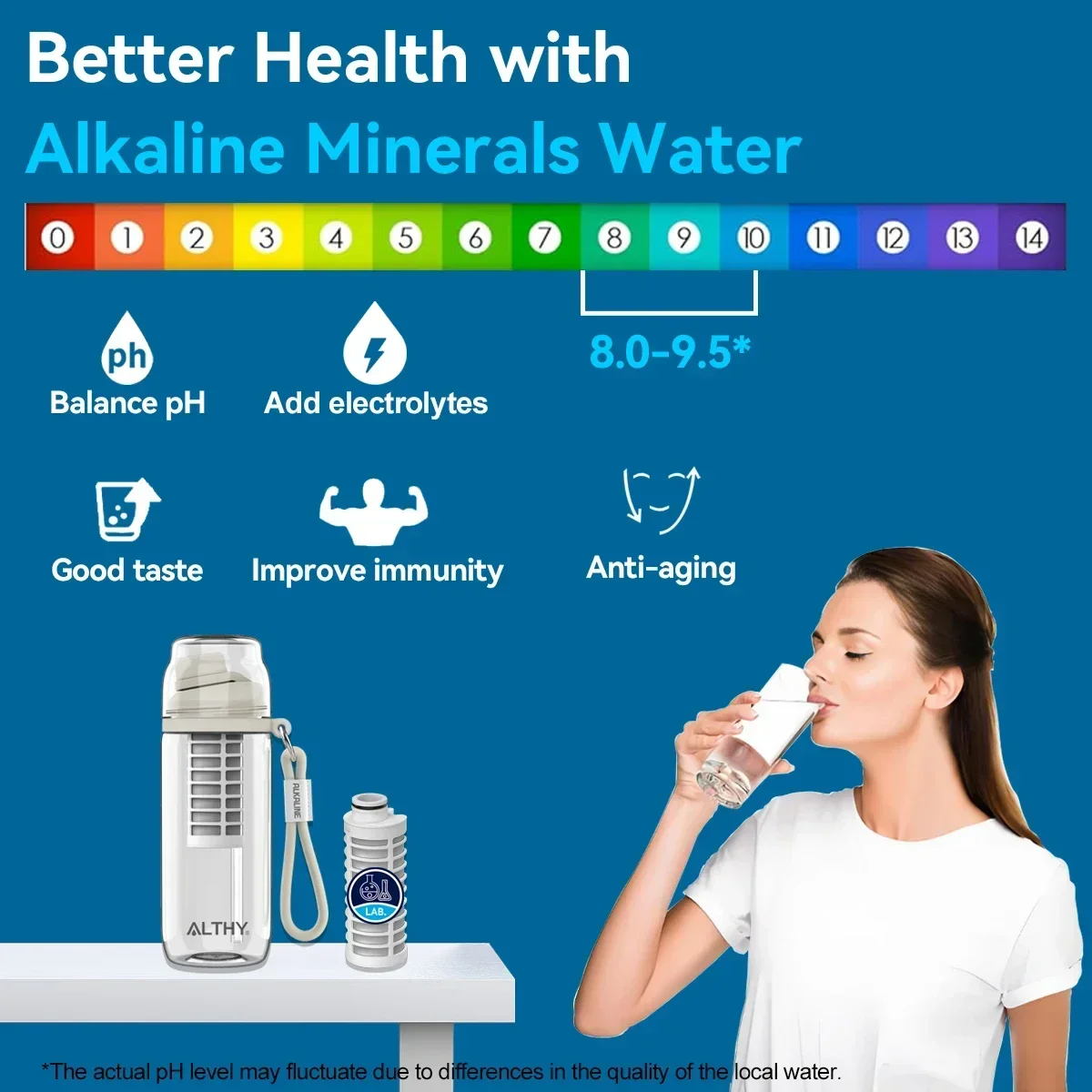 Botella de filtro de agua alcalina ALTHY, hasta PH 9,5, minerales y electrolitos añadidos, sistema de filtración y alcoholización compuesto, sin BPA