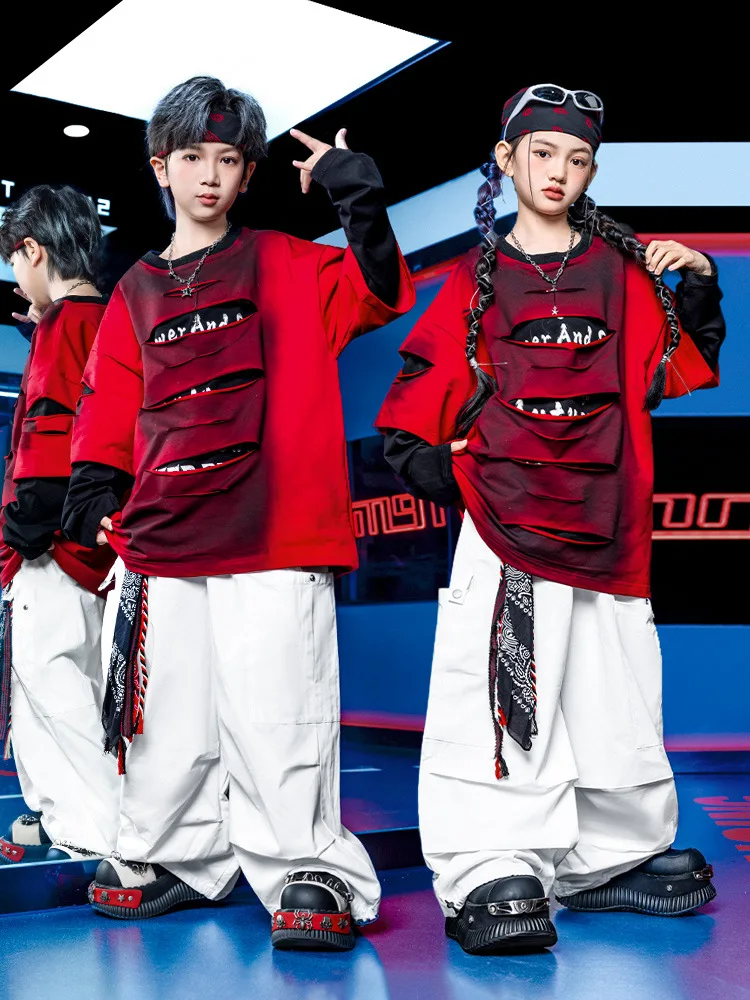 키즈 케이팝 힙합 의류 레드 블랙 찢어진 스웨트셔츠 탑 화이트 패러슈트 카고 팬츠 소녀 소년 스트리트 댄스 의상