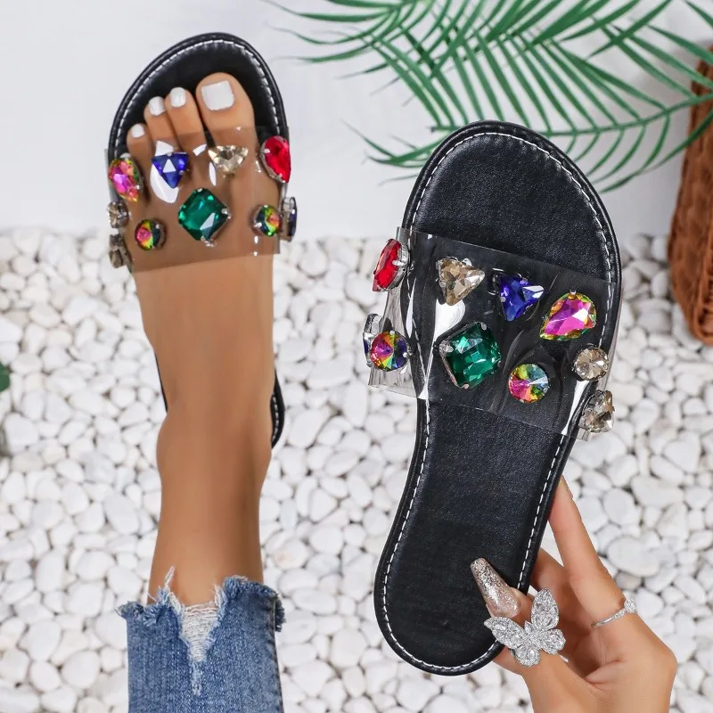 Womens Flat Slippers 2024 New Summer Outdoor Open Toe Sandals Beach Fashion Ladies Luxury Rhinestone Designer Slippers for Women