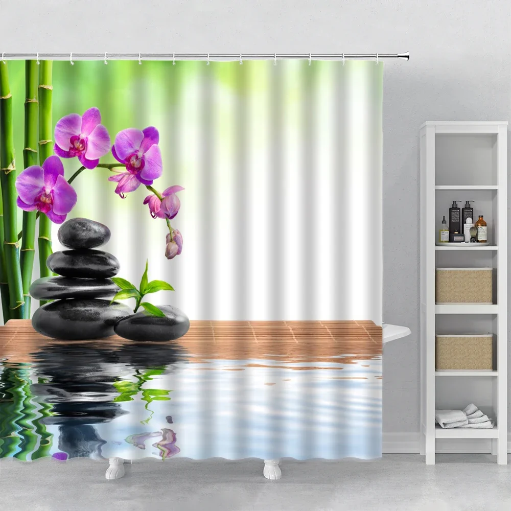 Zen Garden Shower Curtain Spa Green Bamboo Black Stone White Flower Bathroom Decor Supplies Bath Curtains Sets Polyester Fabric