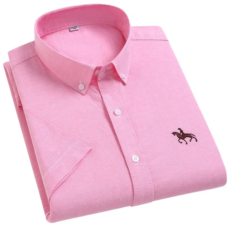 

100% Cotton Oxford Shirt Men's Summer short sleeved Sleeve Embroidered Horse Casual Without Pock et Solid Shirt Plus Size S-6XL