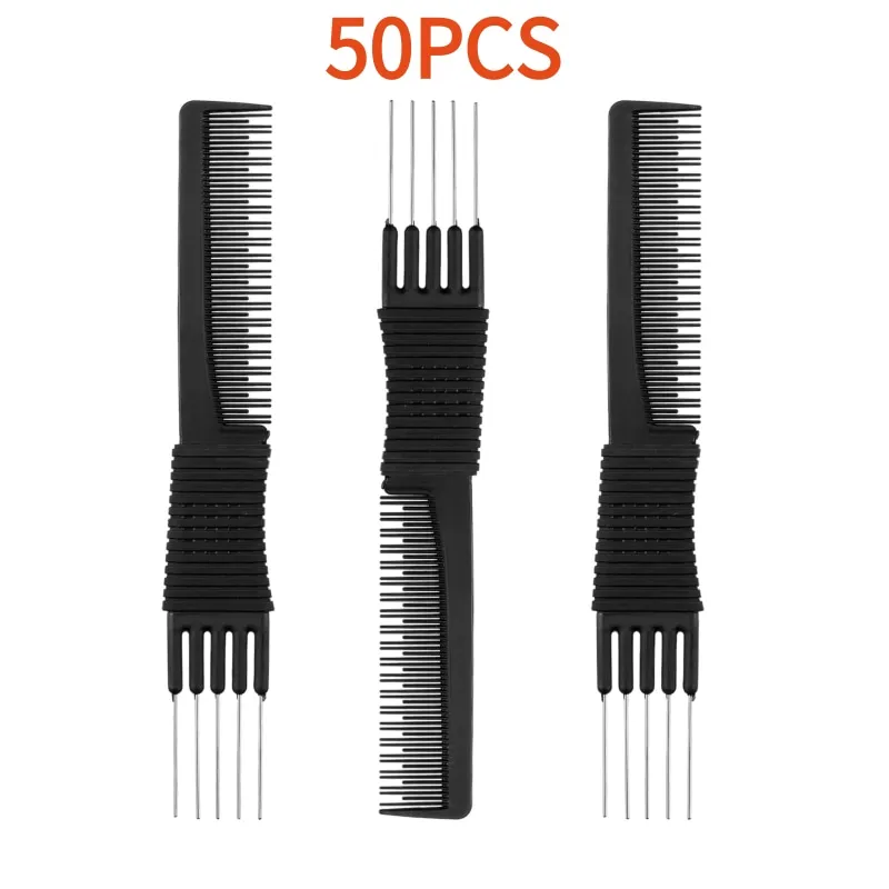 50 Pack Black Carbon Lift Teasing Combs with Metal Prong, Salon Teasing Back Combs, Black Carbon Comb with Stainless Steel Lift