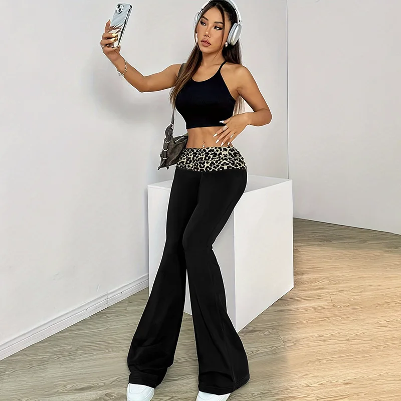 موضة ليوبارد المرقعة متوهج السراويل النساء الأمريكية الرياضة غير رسمية طماق امرأة ربيع الخريف رقيقة تنفس واسعة الساق الجوارب #2