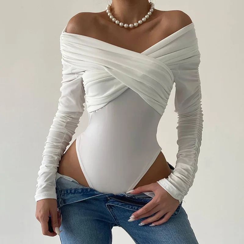 BKLD White Bodysuit Women 2023 Autumn Winter New Off The Shoulder Solid Color Clothes Y2k Streetwear Long Sleeve Bodysuit