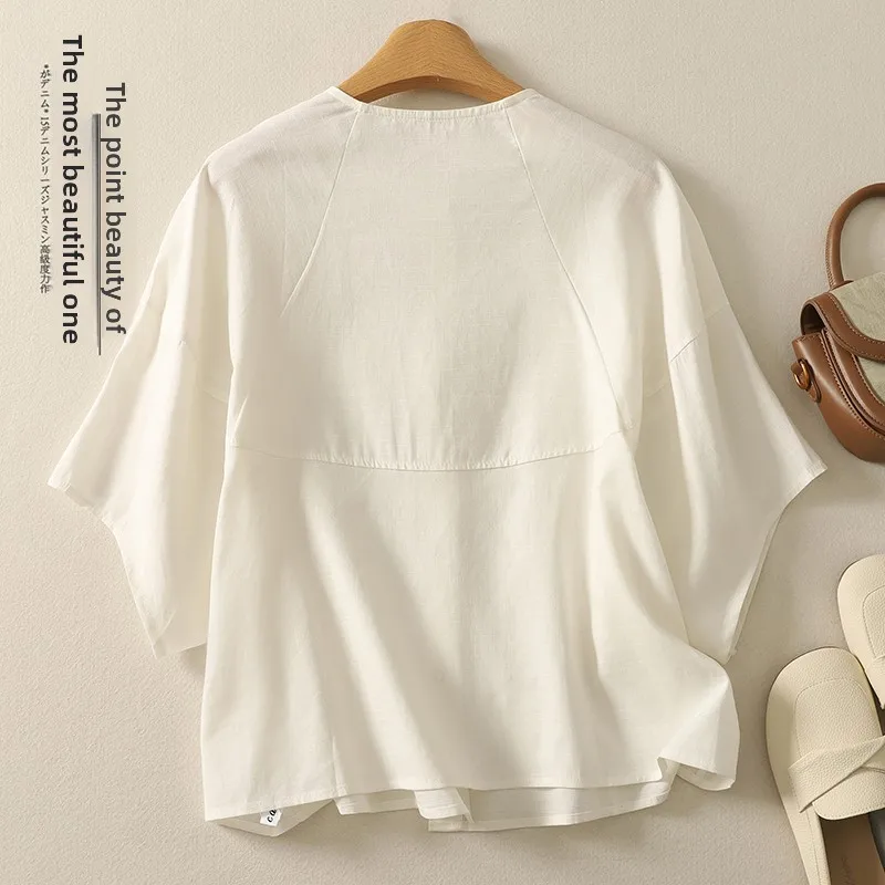 夏用アーティスティックコットンリネン半袖インサートショルダーデザインスリムトップレディースオープンカーディガンカジュアルルーズフィットシャツ