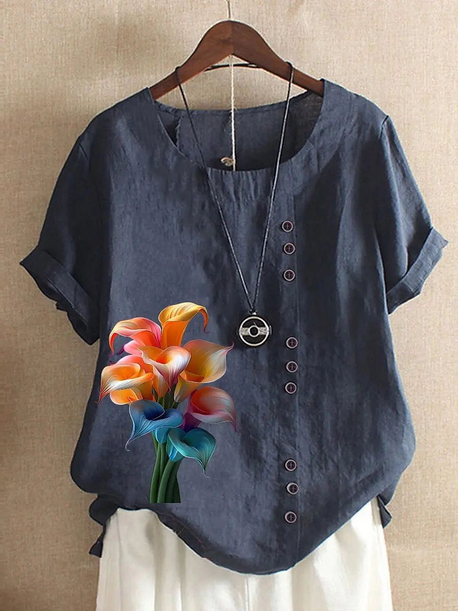 

Women's T-shirt floral pattern printing with buttons retro fashion casual round neck short-sleeved outdoor oversized top women's