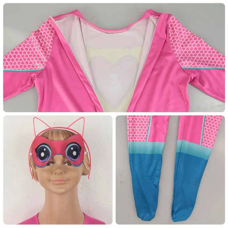 Anime Super Kitties Cosplay Costume para meninos e meninas, macacões rosa, máscara, acessórios, roupas, fantasia, palco, terno de desempenho