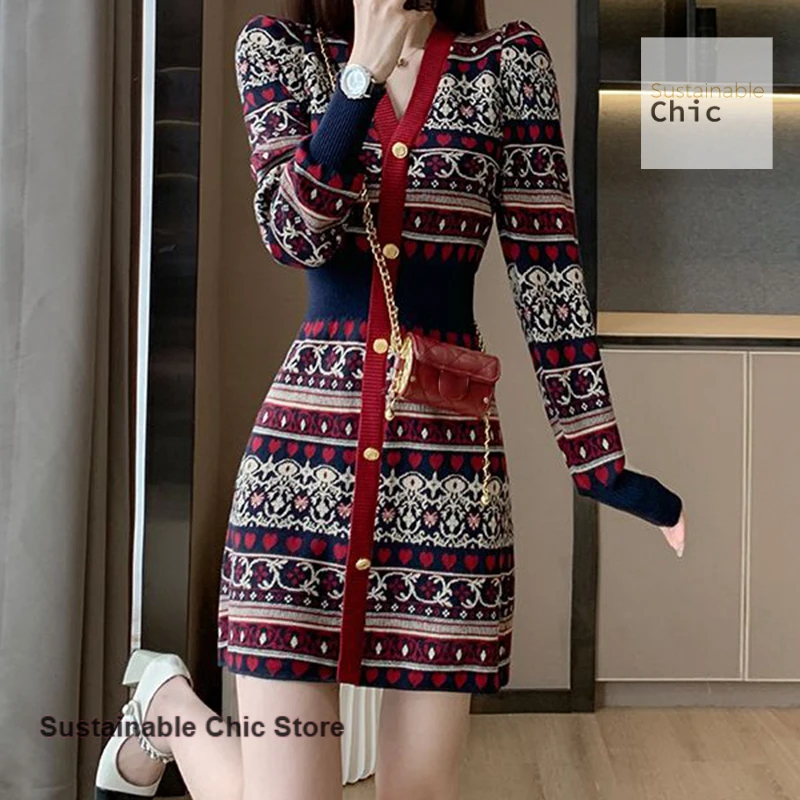 

French ethnic retro V-neck knit dress women's autumn and winter new single-breasted waist slimming bottoming sweater skirt