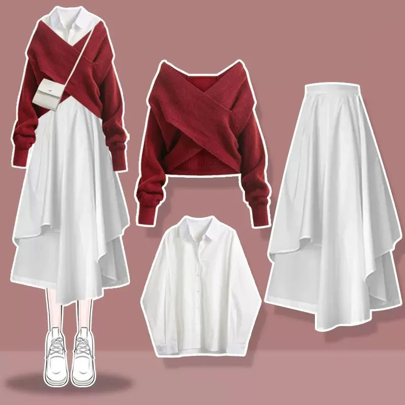 2024 Autumn Winter New Cross Knit Sweater on the Chest White Shirt Pleated Skirt Three Piece Set Women\'s Skirt Set Blouse Suit