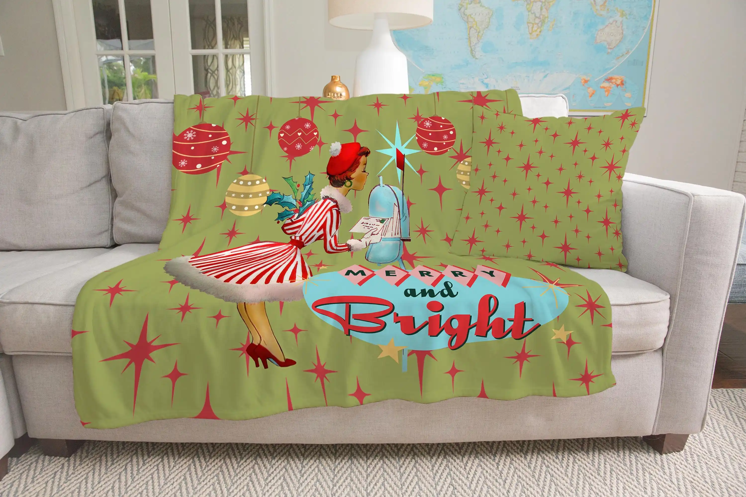 Merry and Bright Retro Christmas Flannel Throw Blanket, Mid-Century Modern Holiday Decor, Cozy Winter Gift