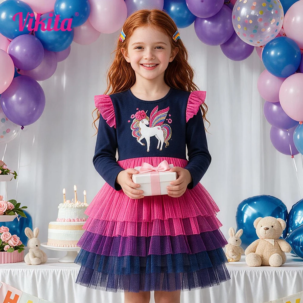 VIKITA Girls Gradient Autumn Dress Kids Licorne Sequined Appliqued Performance Mesh Tulle Prom Gown Girls Princess Cake Dresses