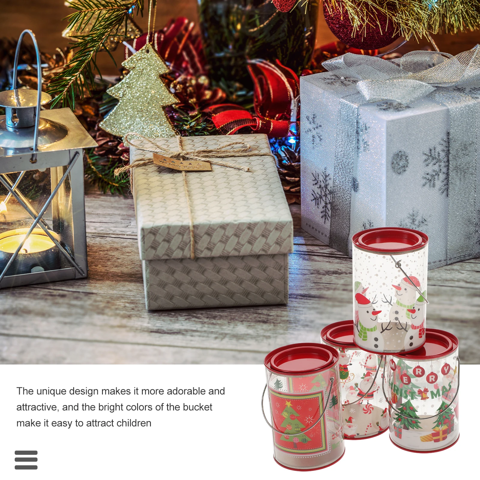 

Xmas Candy Containers Food Plastic Jars Practical Bucket Tinplate Lid Canister for Christmas Cookie