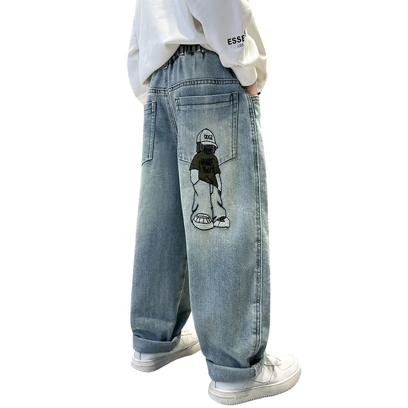Boys Retro Solid Color Straight Leg Jeans Street Style Back Pocket  Pattern Jeans for Big Kids Straight Leg Wide Leg Pants 5-15