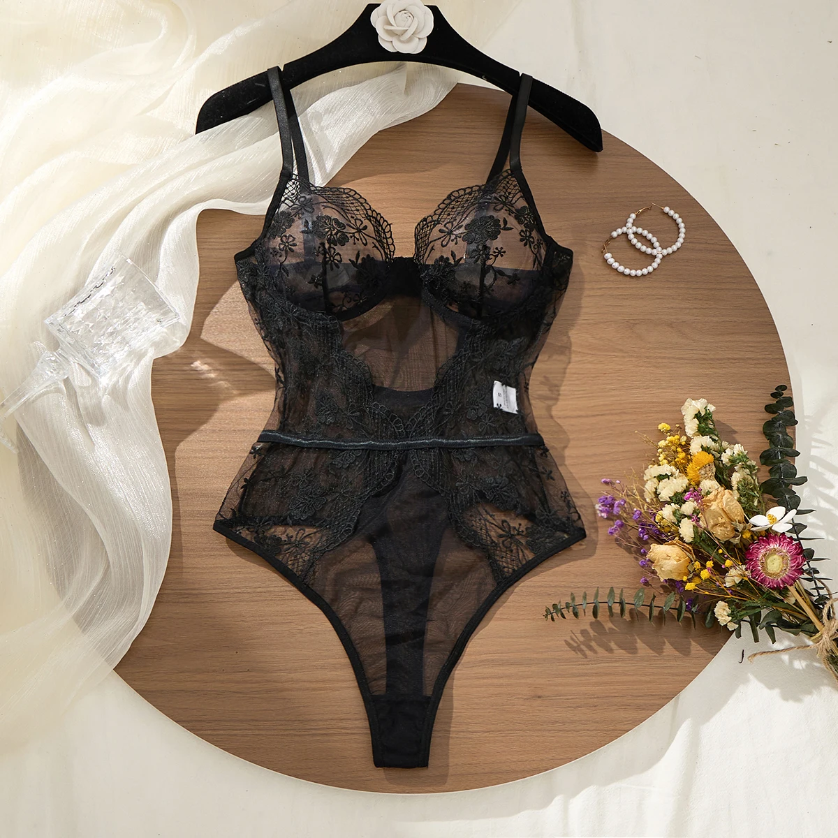 Black Lace Bodysuit with Floral Embroidery Sexy High-Waist Triangle Panties Strap Design Shapely Cutout to Highlight Women's Cur image 3