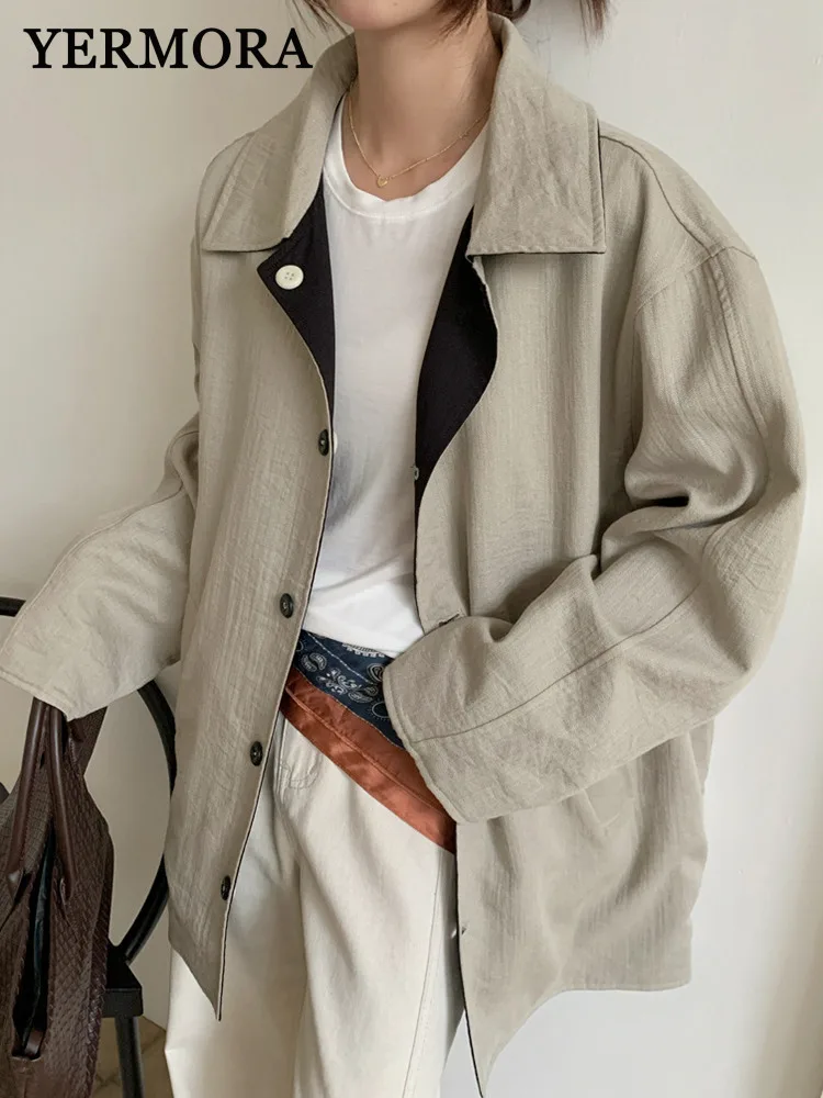

YERMORA Khaki Reversible Linen Casual Short Trench For Women Lapel Long Sleeve Loose New Windbreaker Fashion Tide Spring Autumn