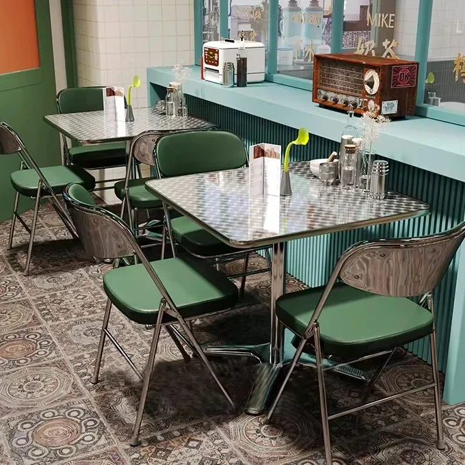 New Arrival Hong Kong Style Stainless steel Restaurant Cafe Furniture Green Dining Table with 4 and 2 Chair and  Booth Set