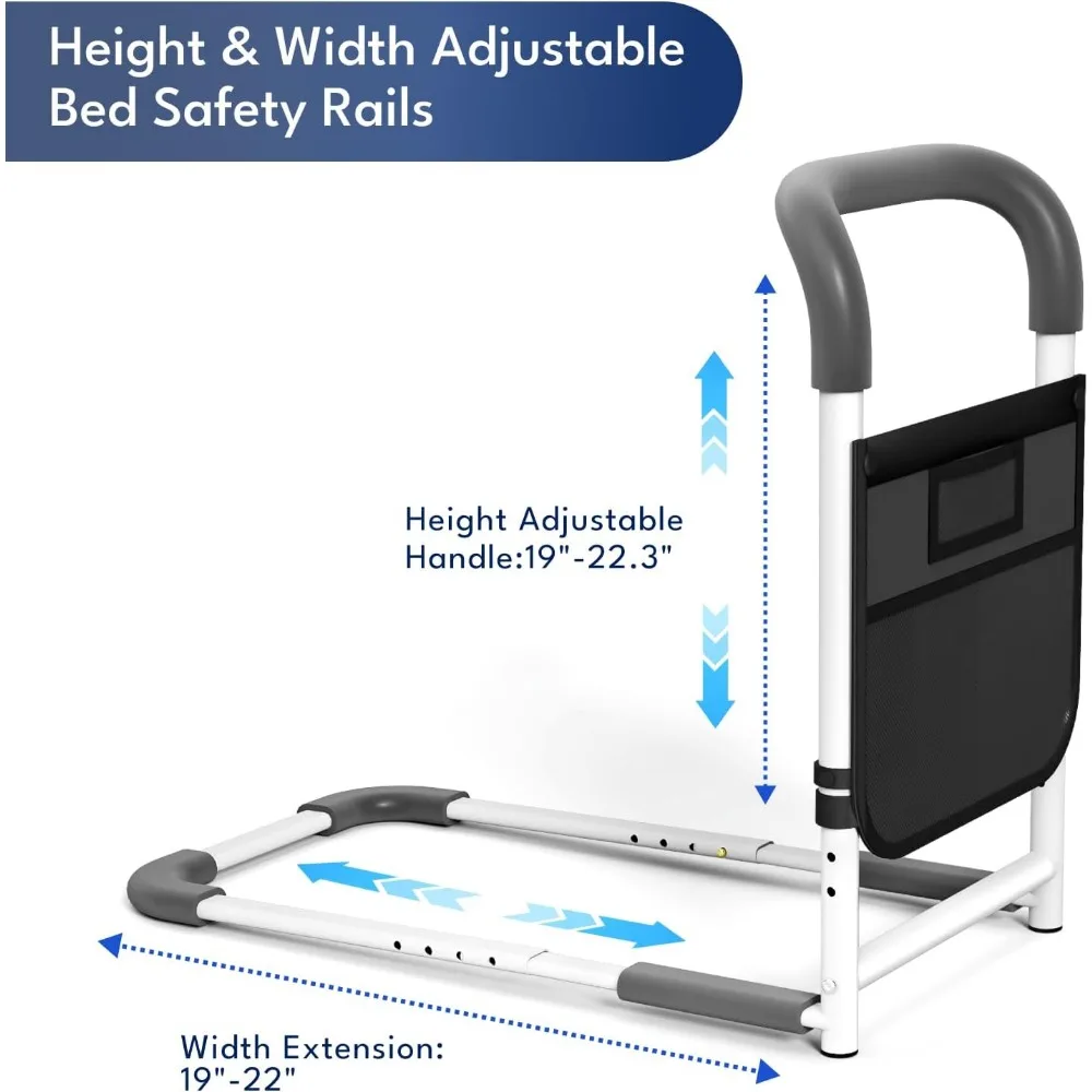 Adjustable Bed Safety Rail for Seniors, Heavy Duty 350lbs Support with Storage Pocket & Strap, Fits Standard Beds (Grey)