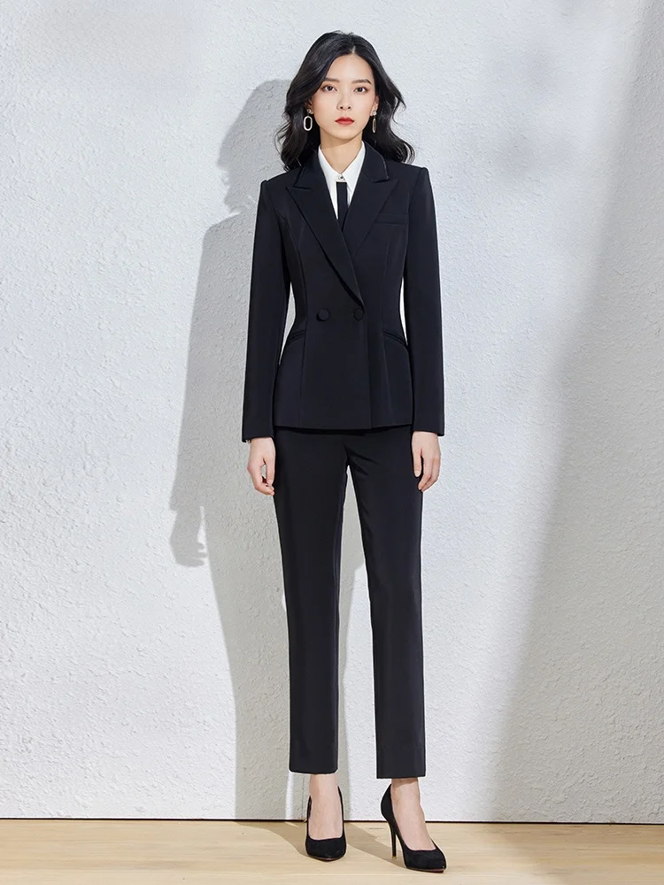 

Элегантный черный деловой костюм для женщин: комплект для офиса, модный наряд для собеседований, стройнящая униформа для работы