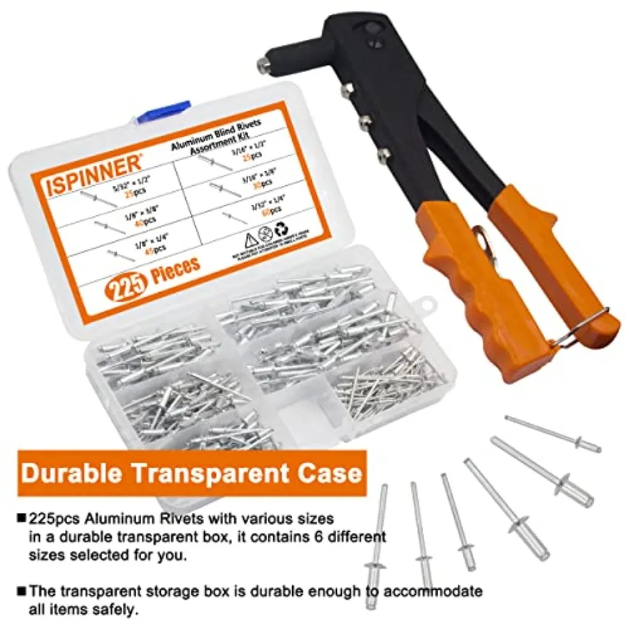 225개 알루미늄 블라인드 리벳 모음 키트, 자동차 수리 및 금속 가공용 헤비 듀티 핸드 리벳건 포함