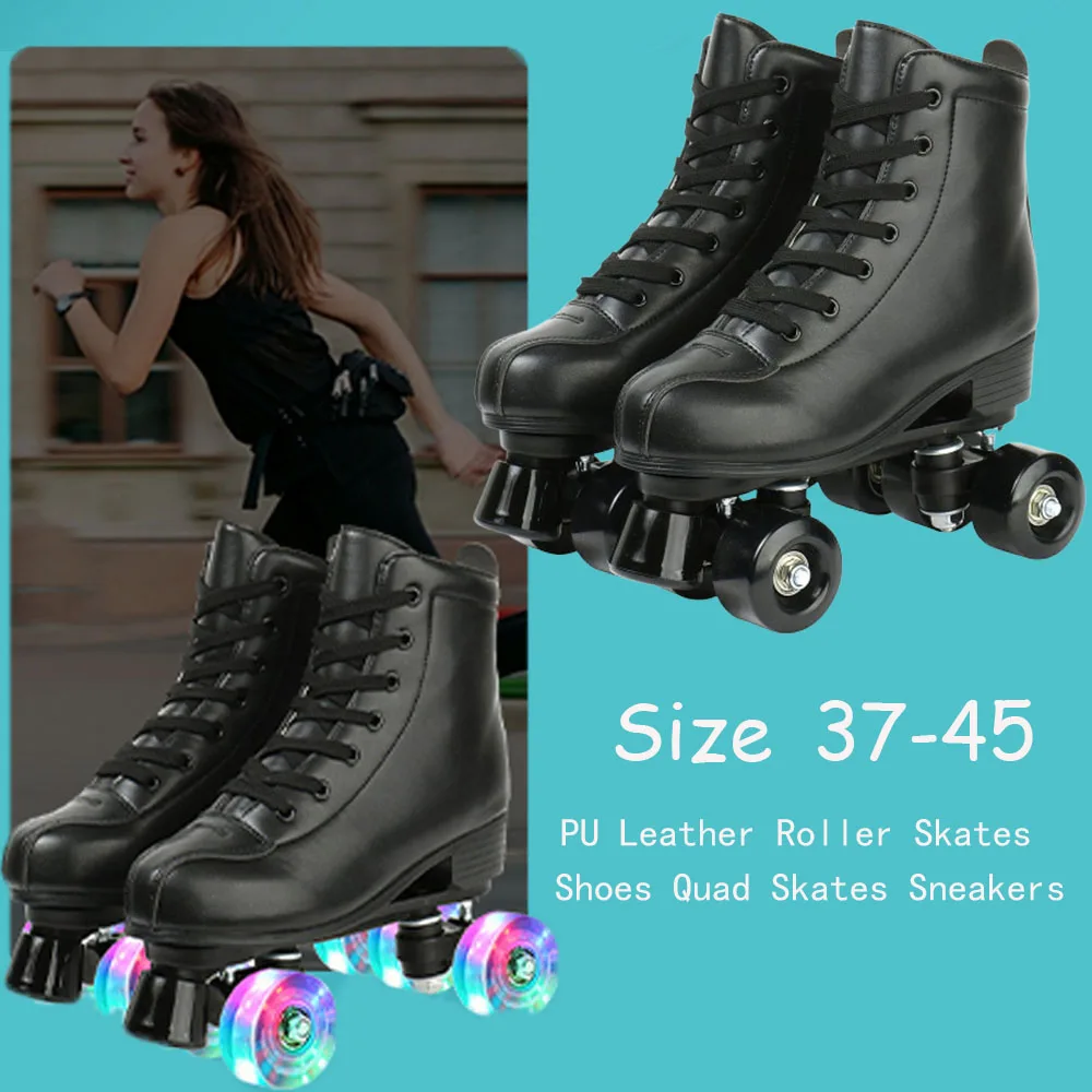 PU Leather Roller Skates Skating Shoes Sliding Inline Quad Skates Sneakers Training Europe Size 4 Wheels Flash Roller Skate