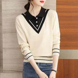 Woolen Sweater Women's Pullover Fake Two-piece Women Knitwear Laple Knit Sweater Loose Outerwear Splicing Stripes Female Sweater