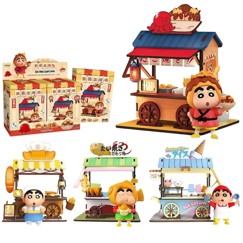 Crayon Shin-chan: Caja Sorpresa con Escena Urbana, Carrito de Comida Iluminado, Helado, Takoyaki, Figura de Escritorio DIY, Lindo Regalo Coleccionable de Dibujos Animados