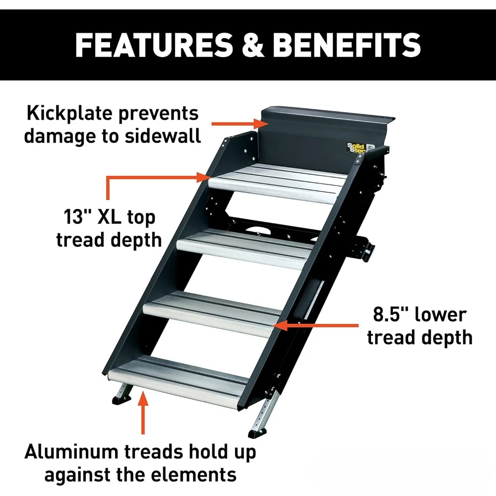 Solid Step 26 "Quad Manual RV Step Assembly, 8" Rise, อลูมิเนียมและเหล็ก, ขั้นตอนกันลื่น, ขาปรับได้, ไม่เด้ง, ท่องเที่ยว